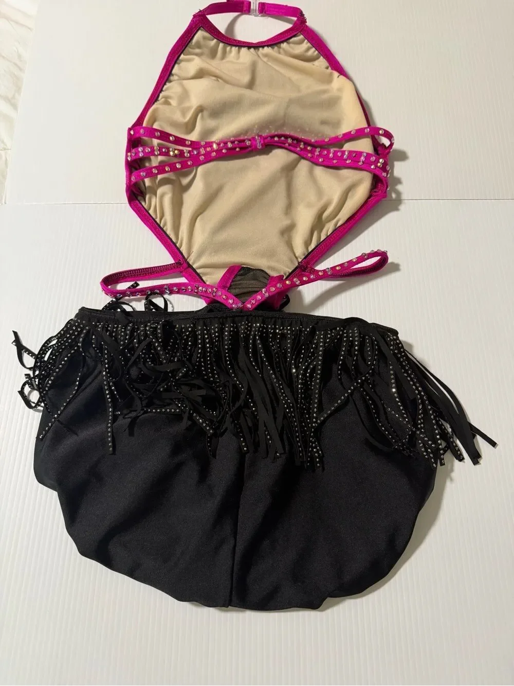 Pumpers jazz dance costume custom solo pink illusion black jazz fringe MA adult